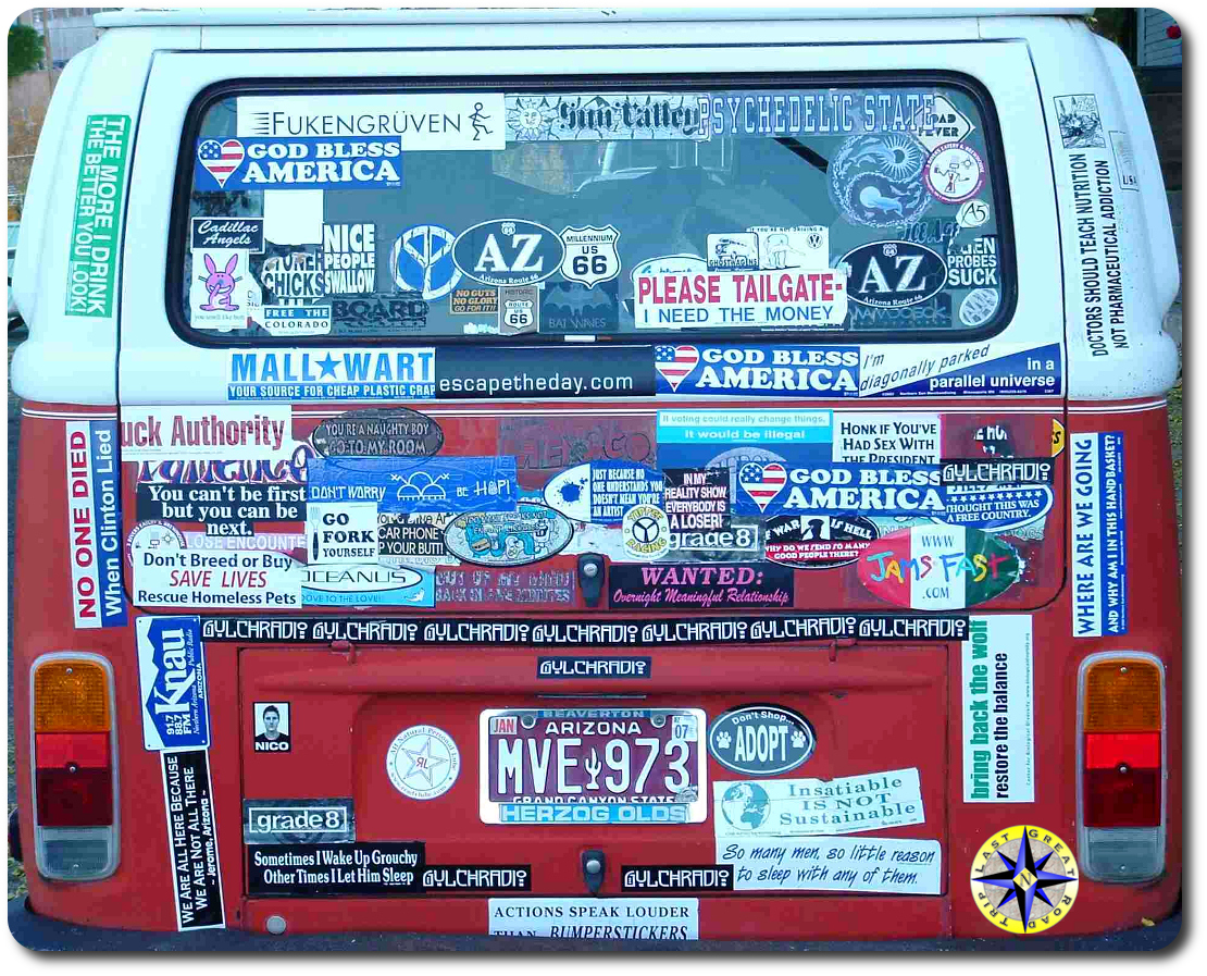 Bumper Stickers covered VW bus