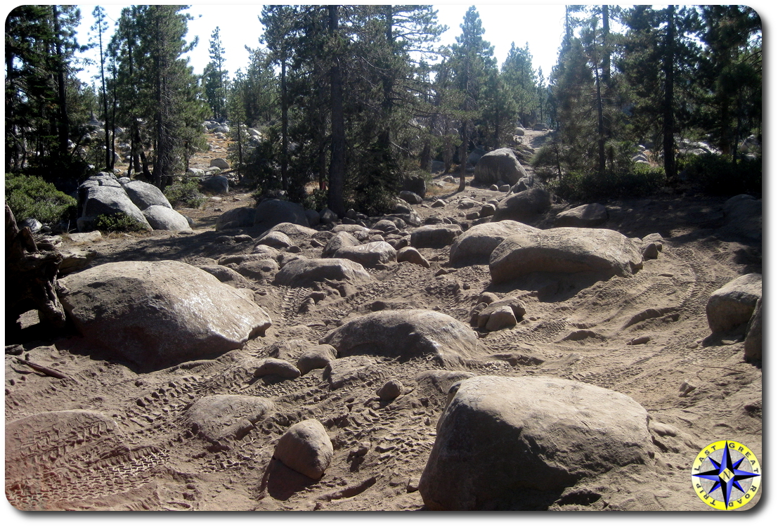 boulders rocks and tire marks on Rubicon Trail