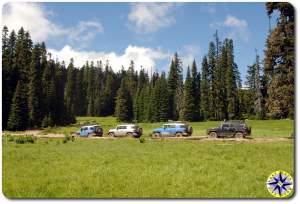 four fj cruisers naches wagon trail meadow