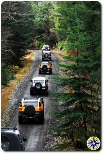 FJ cruisers on dirt road