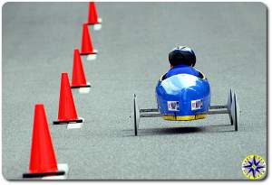 blue soap box derby car