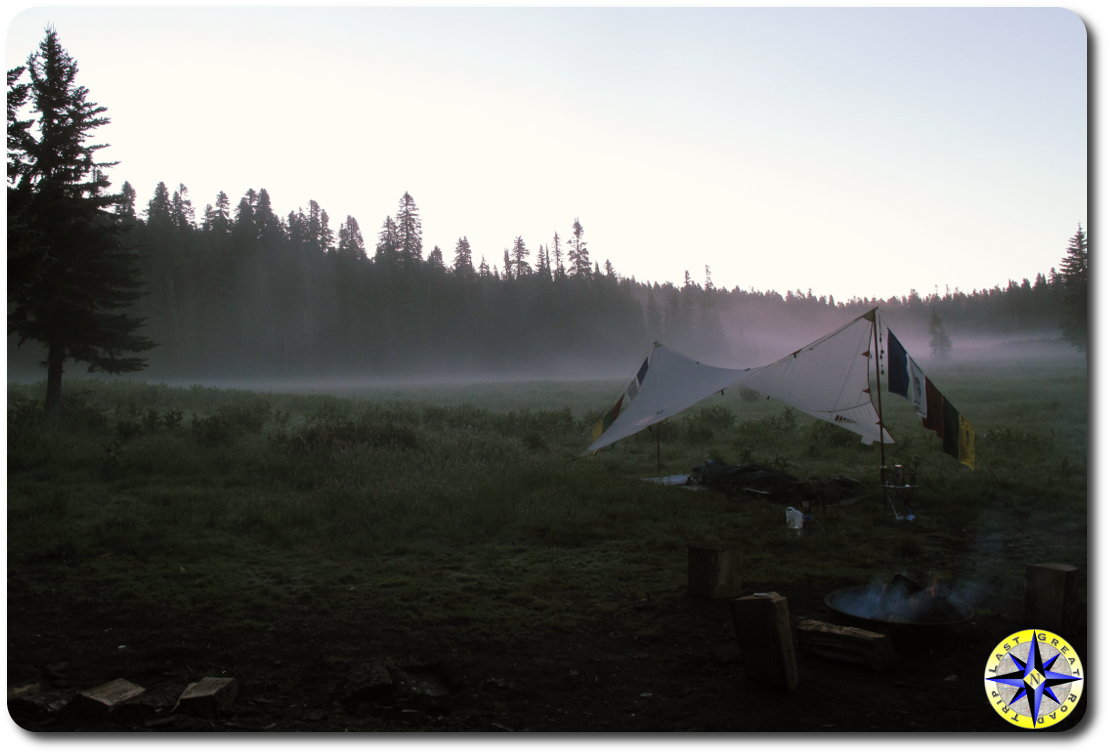 sunrise mist camping meadow