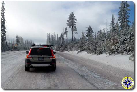 volvo driving snowy pass