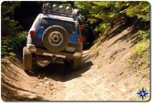 voodoo blue fj cruisers flexing down 4x4 trail